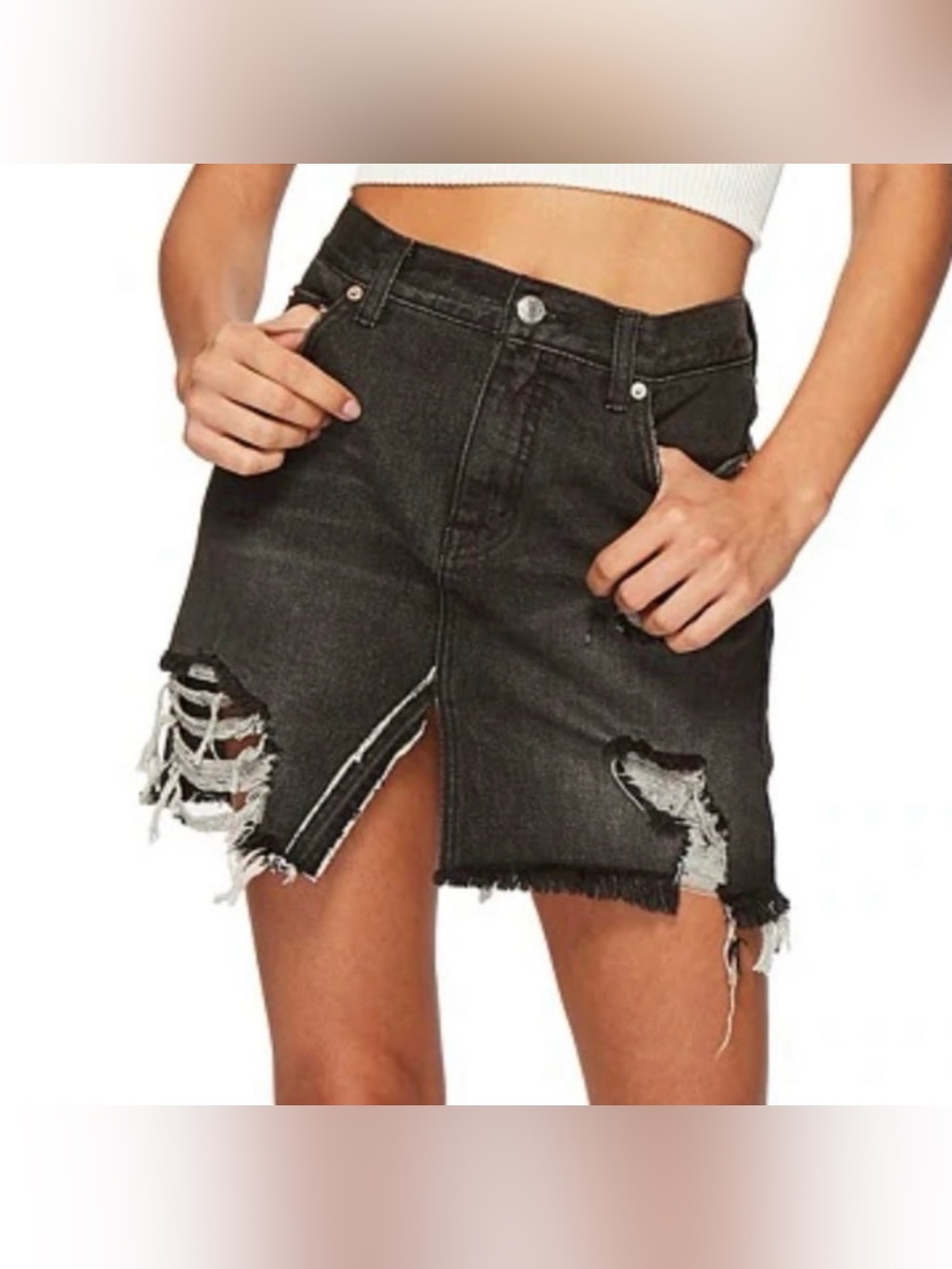 NWT WE THE FREE Relaxed and distressed black denim mini skirt, size 29